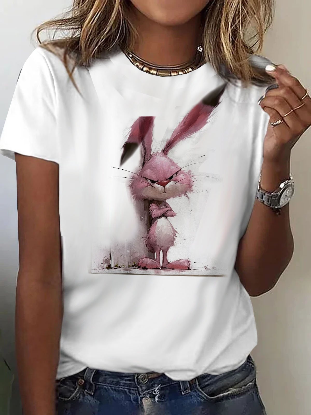 Lustig Hase Kurzarm Weit Rundhals H-Linie T-Shirt