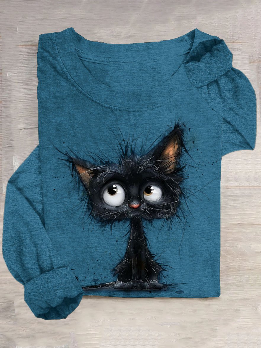 Lustig Katze Print Lässig Damen Rundhals T-Shirt