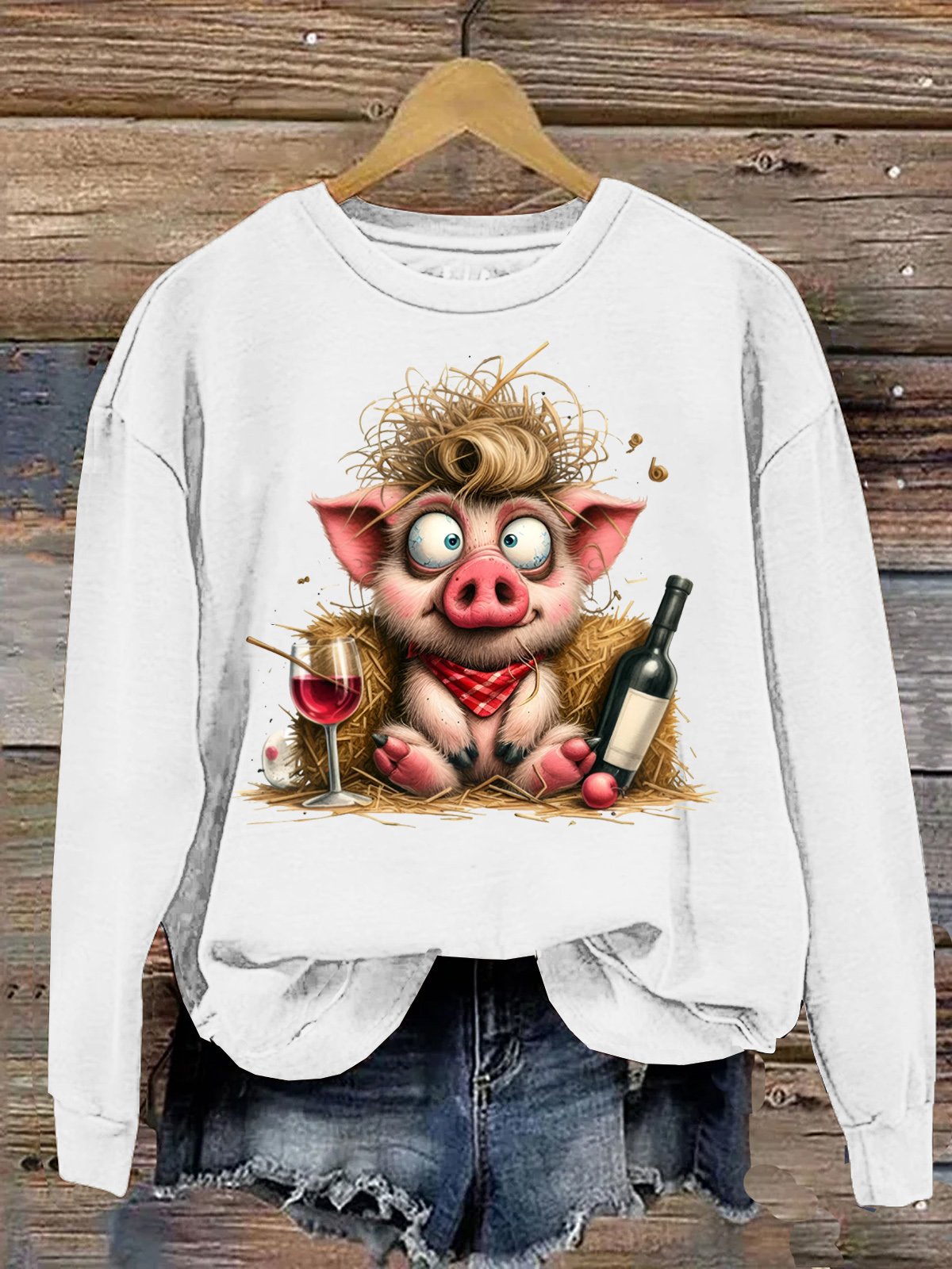 Süß Ferkel Mit Wein Flasche und Glas Baumwolle Sweatshirt