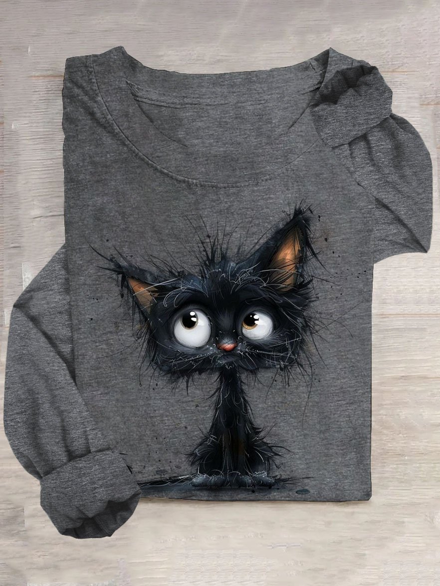 Lustig Katze Print Lässig Damen Rundhals T-Shirt