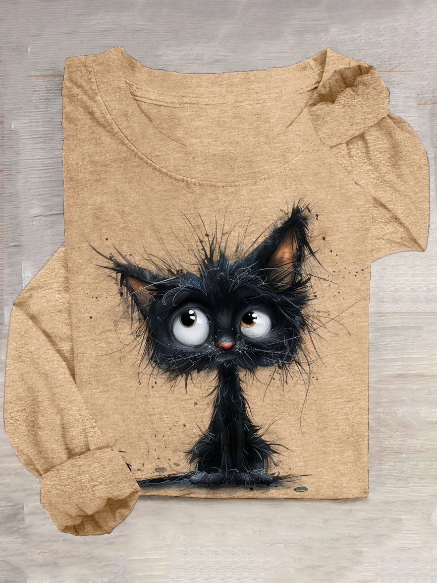 Lustig Katze Print Lässig Damen Rundhals T-Shirt