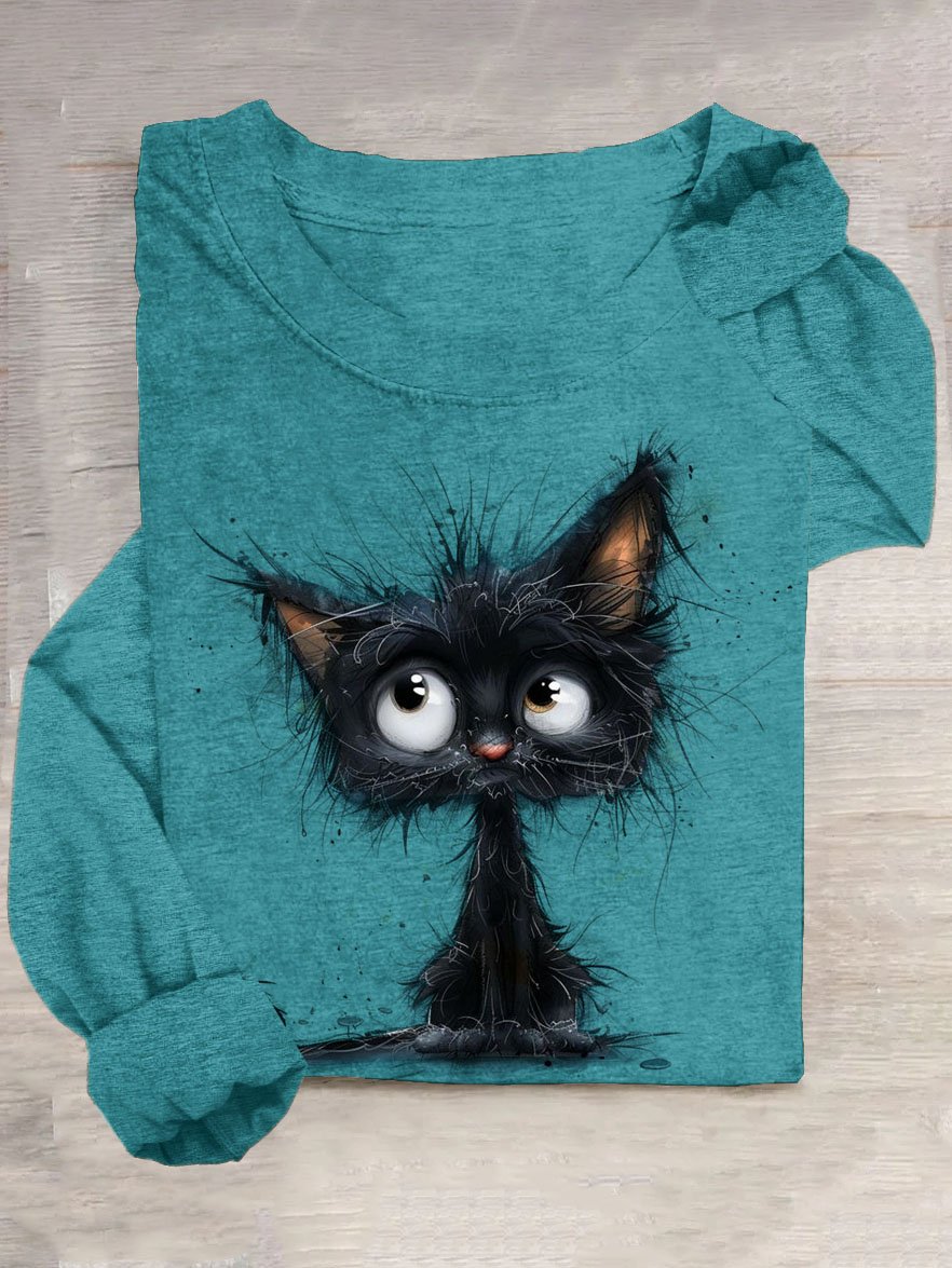 Lustig Katze Print Lässig Damen Rundhals T-Shirt