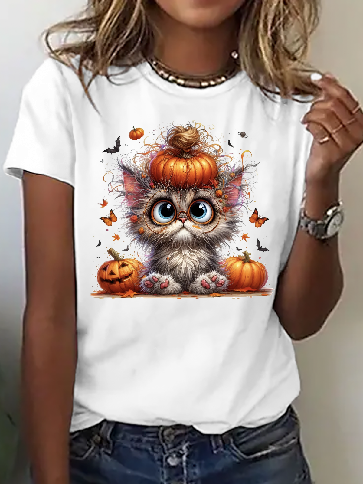 Halloween-Katze Clip Art Mit Kürbis Hut und groß Augen Baumwolle T-Shirt