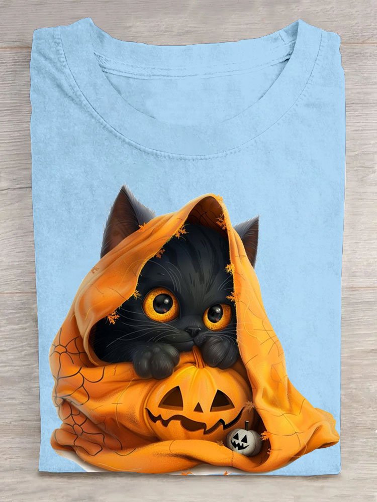 Lustig Katze Halloween Print Lässig Rundhals Damen T-Shirt