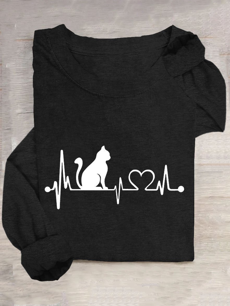 Abstrakt Katze Print Lässig Rundhals Langarm Damen T-Shirt