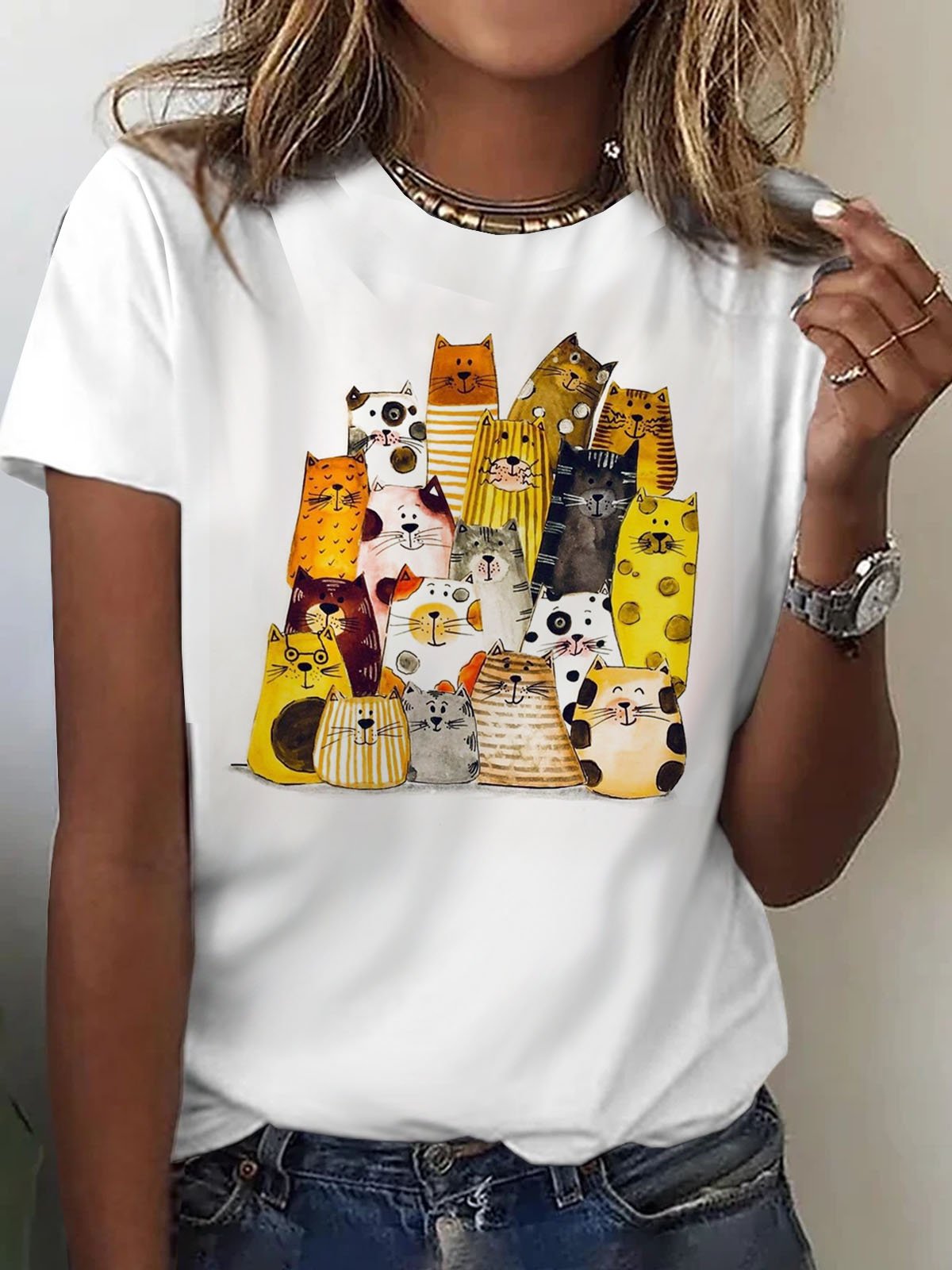 Lustig Katze Print Rundhals Lässig T-Shirt