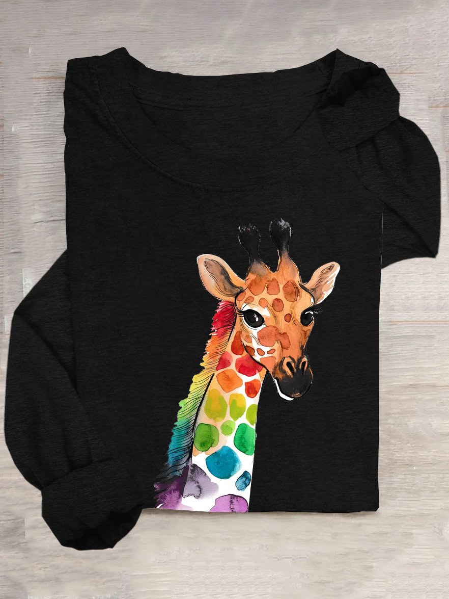 Giraffe Baumwollmischung Weit Rundhals Lässig T-Shirt