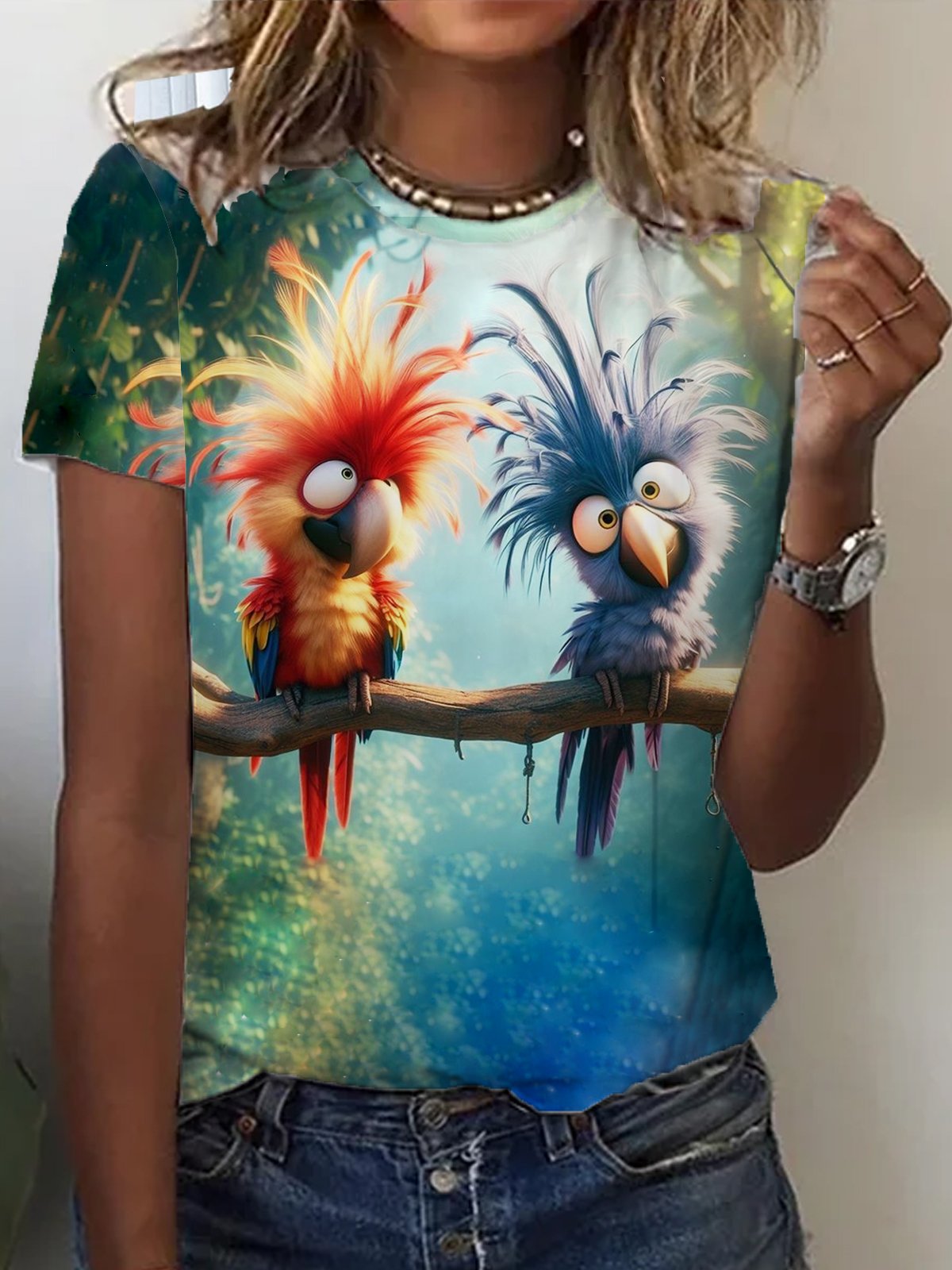 Lässig Weit Rundhals Vogel T-Shirt