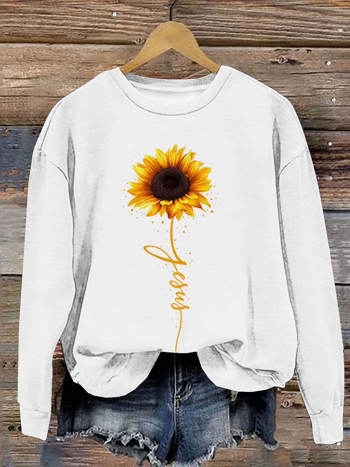 Sonnenblume Print Damen Lässig Langarm Rundhals Pullover Sweatshirt