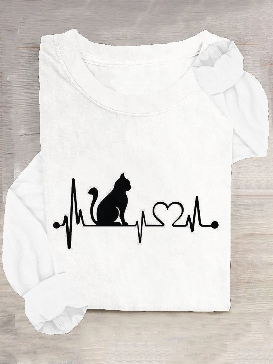 Abstrakt Katze Print Lässig Rundhals Langarm Damen T-Shirt