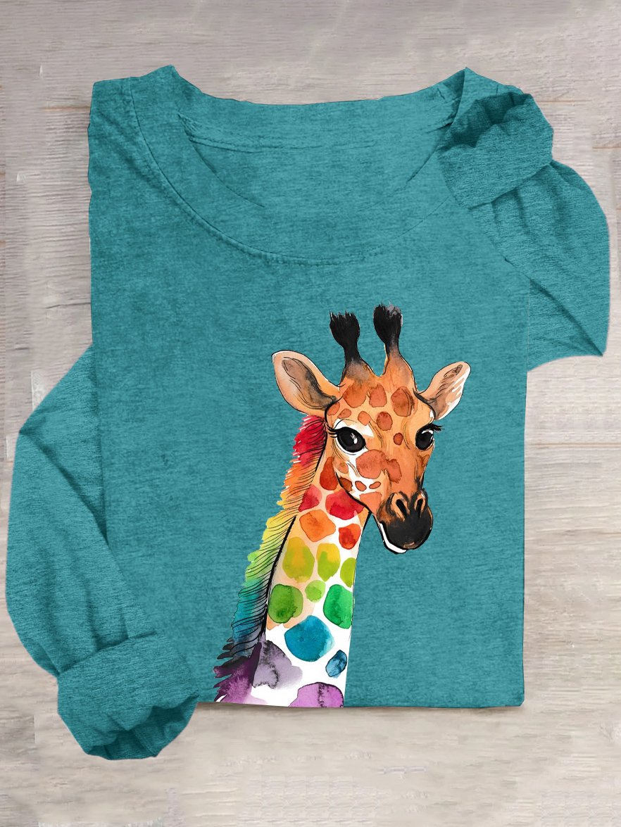 Giraffe Baumwollmischung Weit Rundhals Lässig T-Shirt