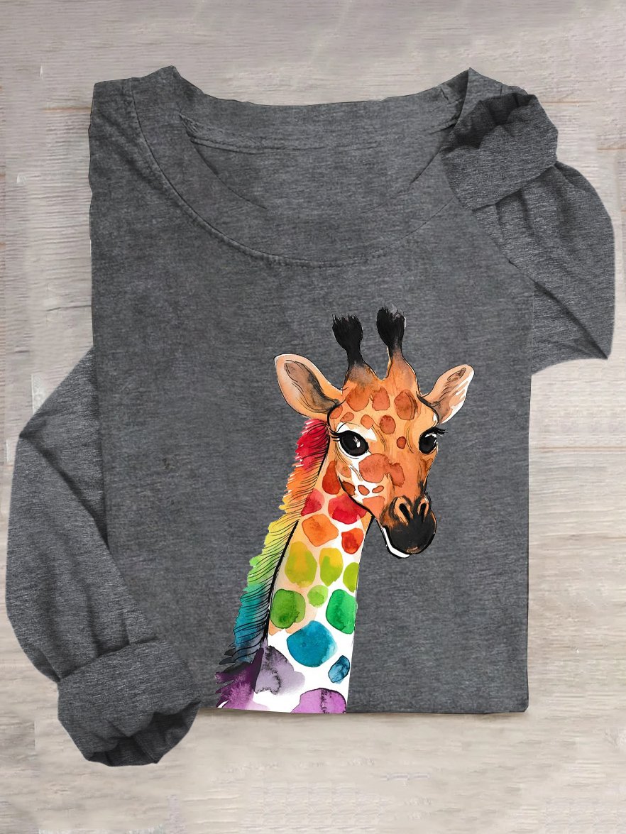 Giraffe Baumwollmischung Weit Rundhals Lässig T-Shirt