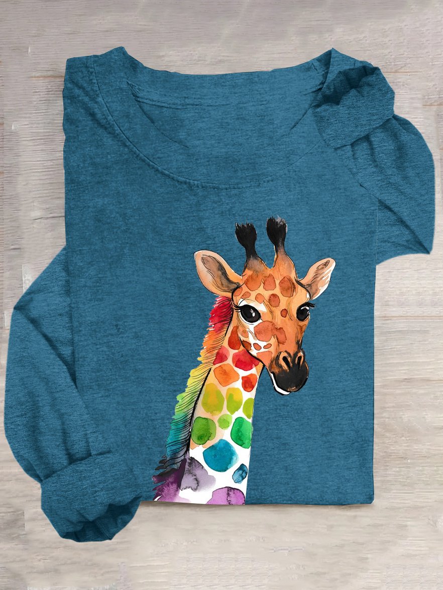 Giraffe Baumwollmischung Weit Rundhals Lässig T-Shirt