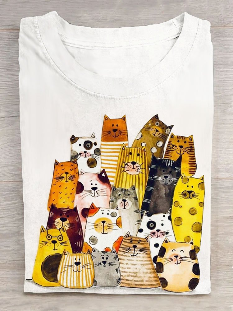 Lustig Katze Print Rundhals Lässig T-Shirt