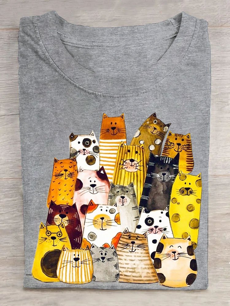 Lustig Katze Print Rundhals Lässig T-Shirt