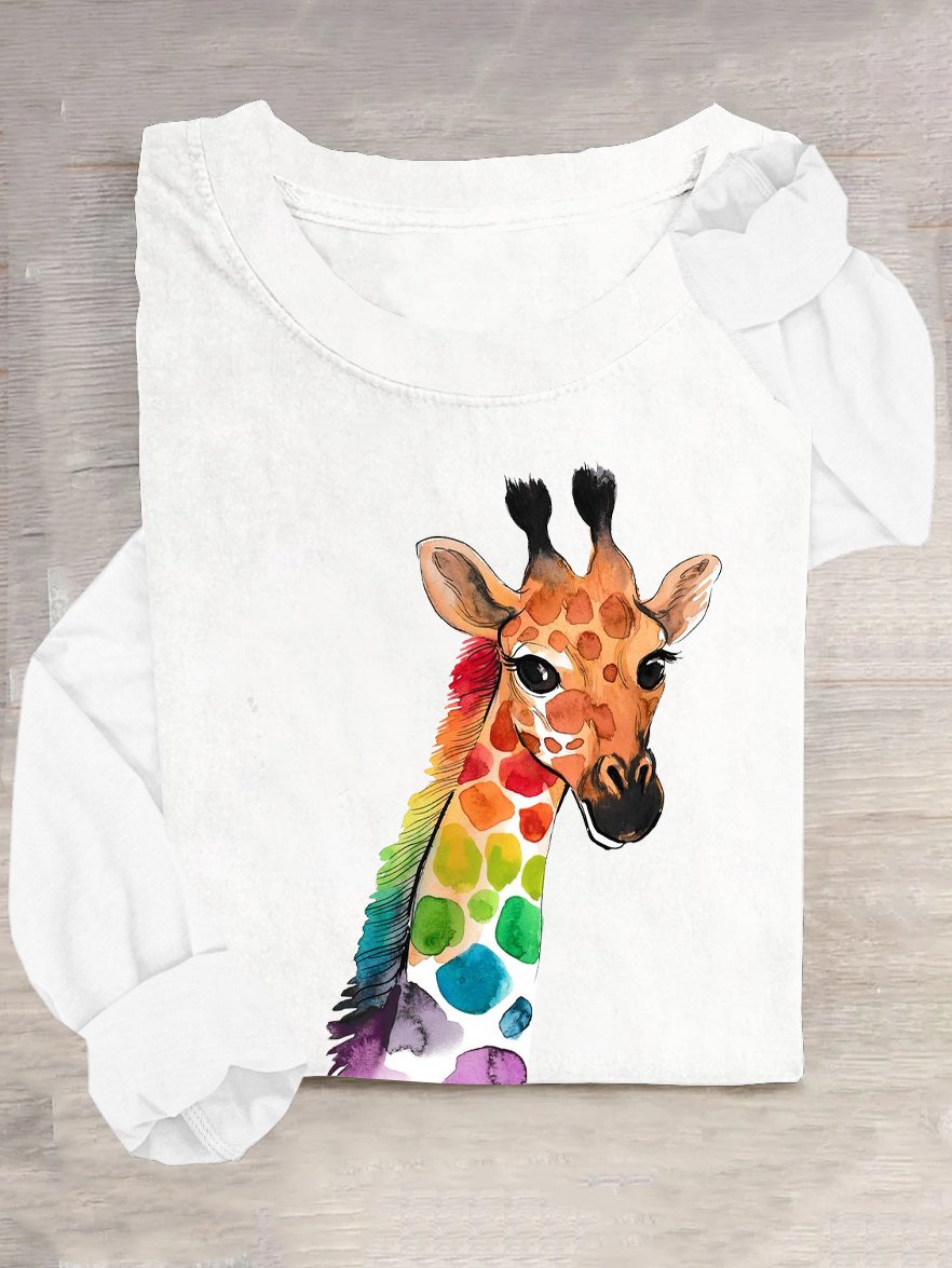 Giraffe Baumwollmischung Weit Rundhals Lässig T-Shirt