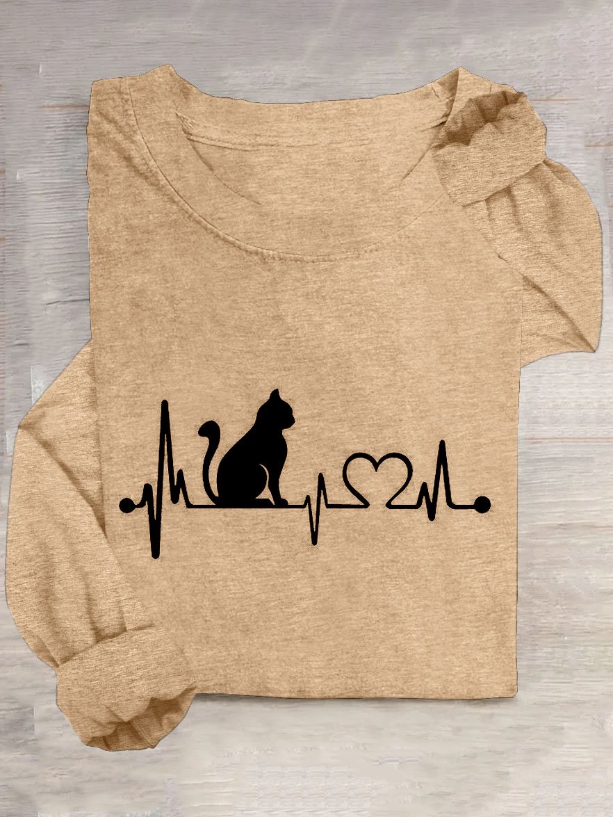 Abstrakt Katze Print Lässig Rundhals Langarm Damen T-Shirt