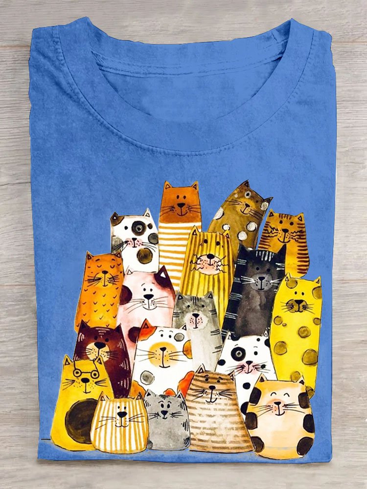 Lustig Katze Print Rundhals Lässig T-Shirt