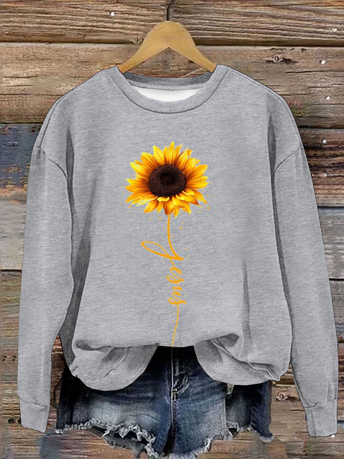 Sonnenblume Print Damen Lässig Langarm Rundhals Pullover Sweatshirt