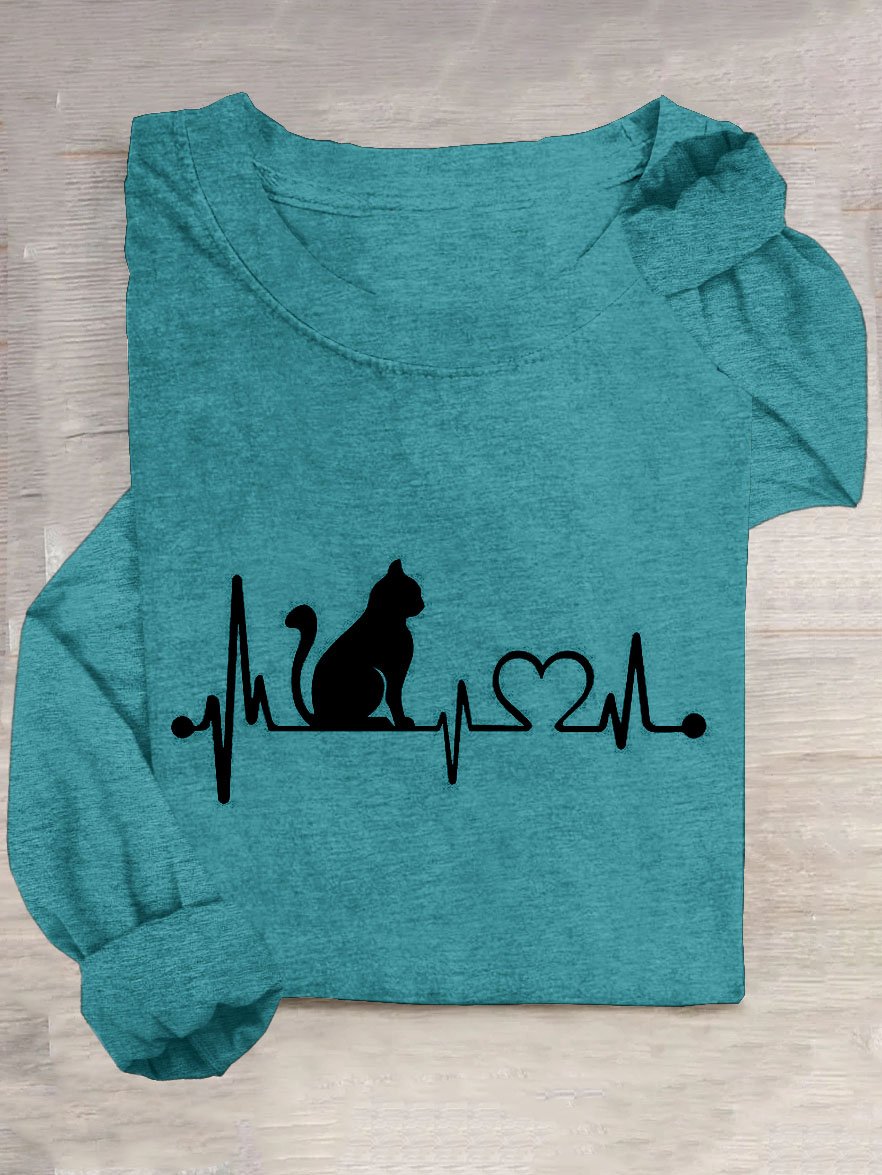 Abstrakt Katze Print Lässig Rundhals Langarm Damen T-Shirt