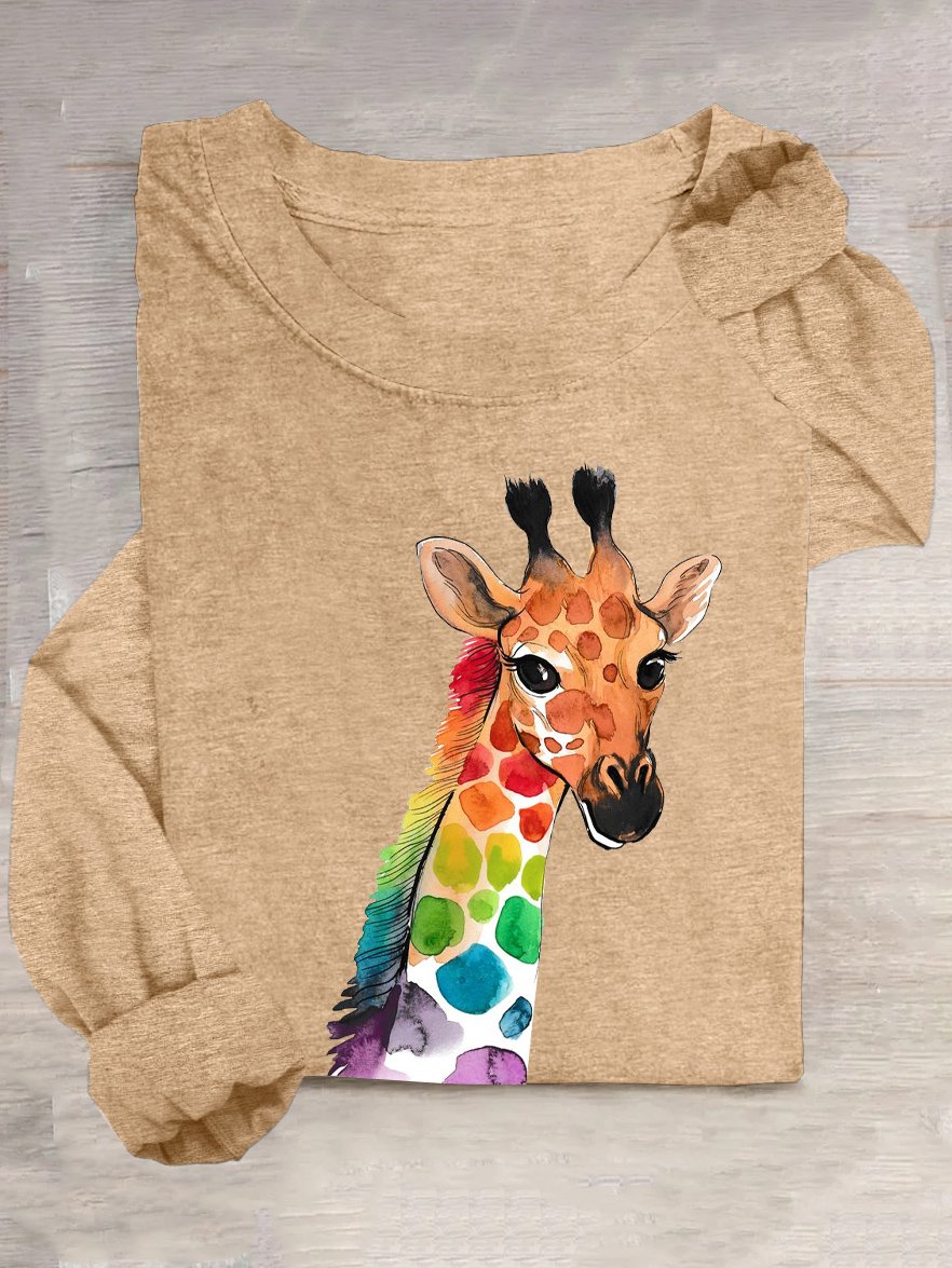 Giraffe Baumwollmischung Weit Rundhals Lässig T-Shirt