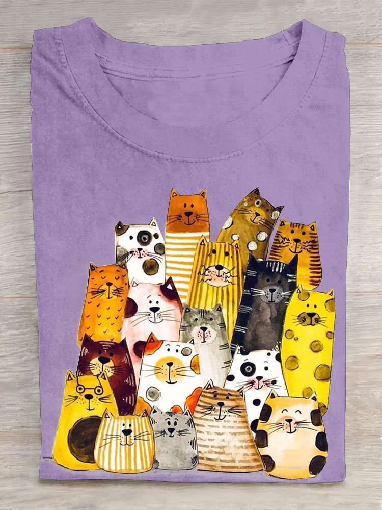 Lustig Katze Print Rundhals Lässig T-Shirt