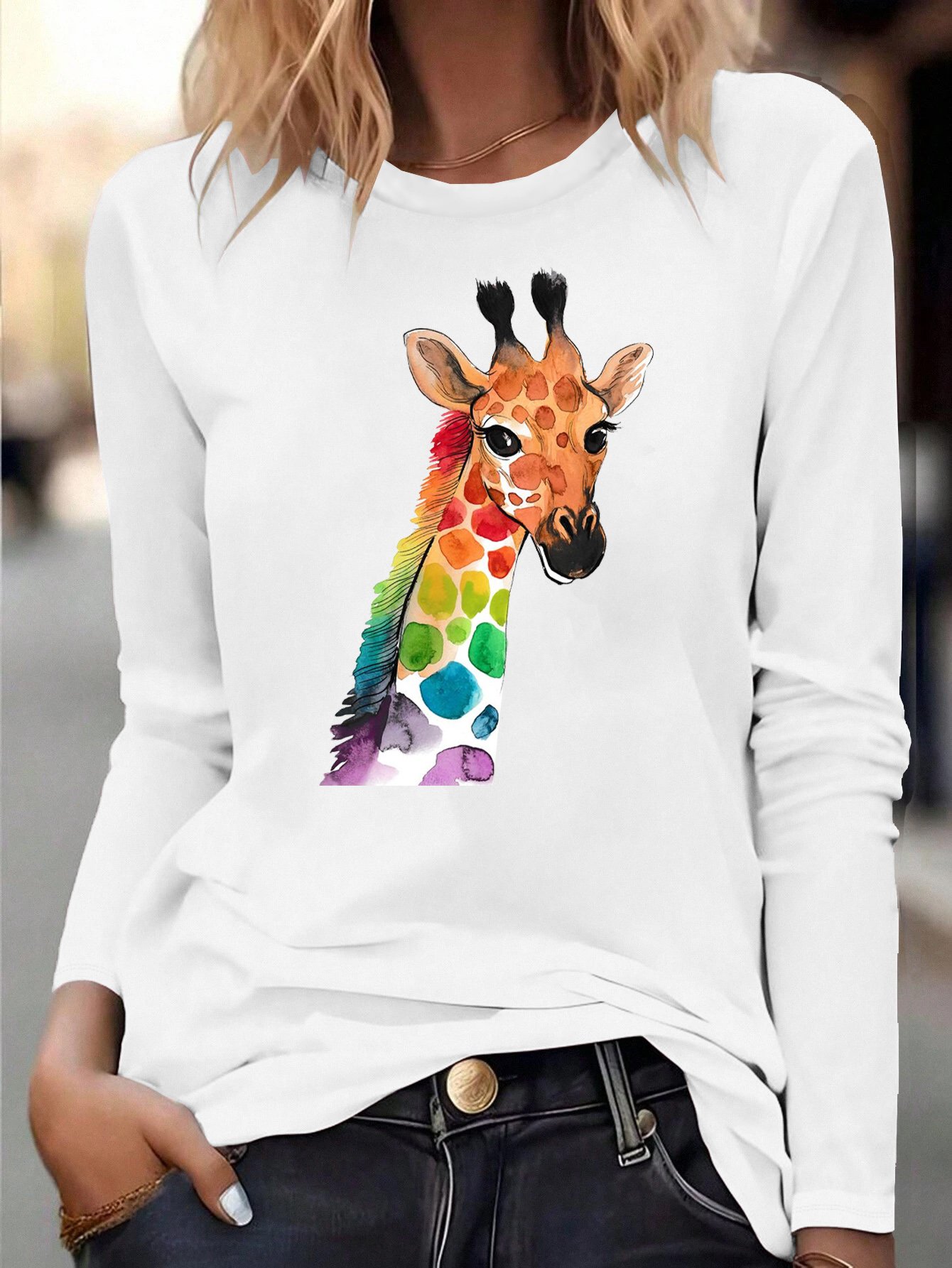 Giraffe Baumwollmischung Weit Rundhals Lässig T-Shirt