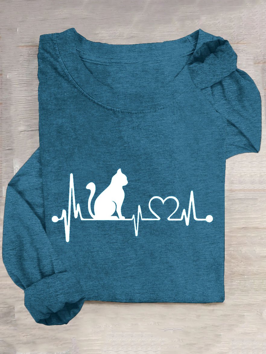 Abstrakt Katze Print Lässig Rundhals Langarm Damen T-Shirt