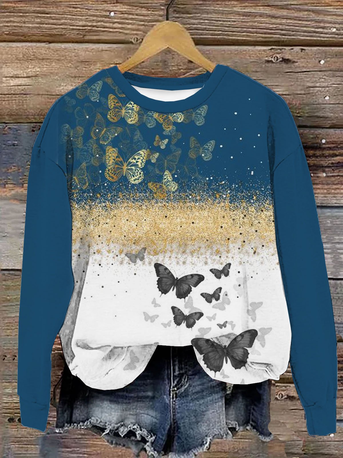 Schmetterling Print Damen Lässig Langarm Rundhals Pullover Sweatshirt