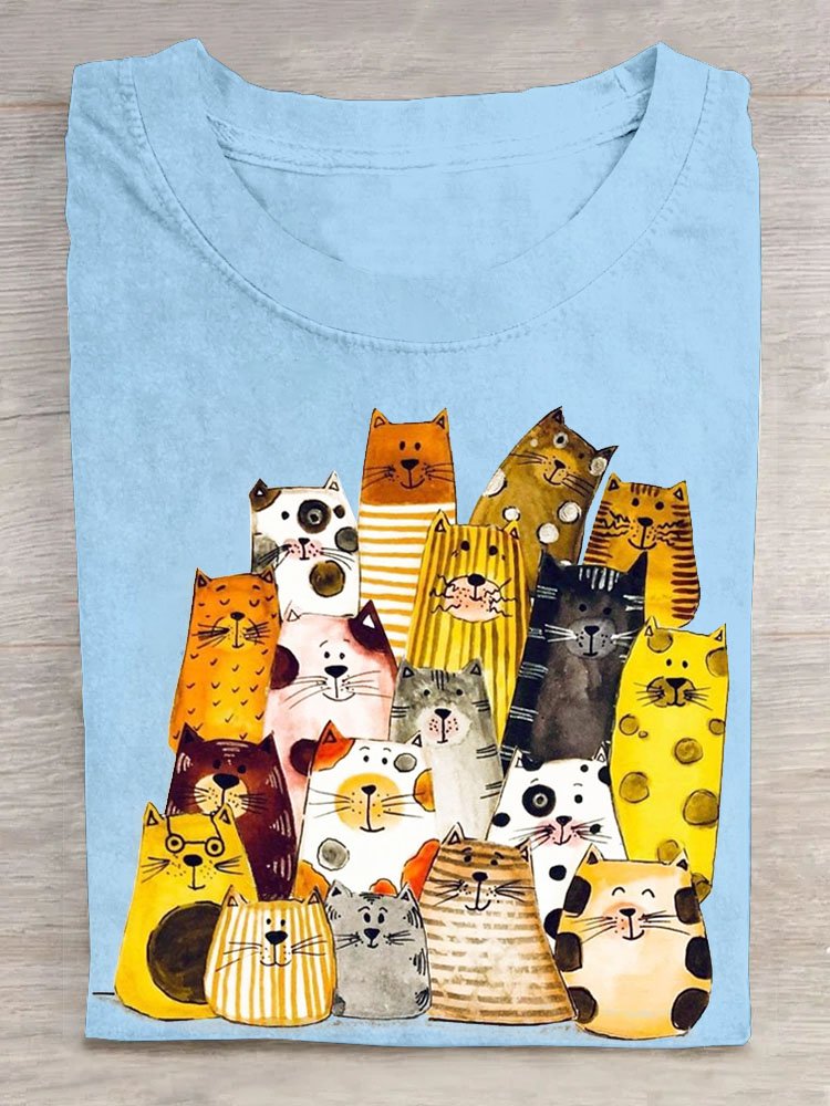 Lustig Katze Print Rundhals Lässig T-Shirt