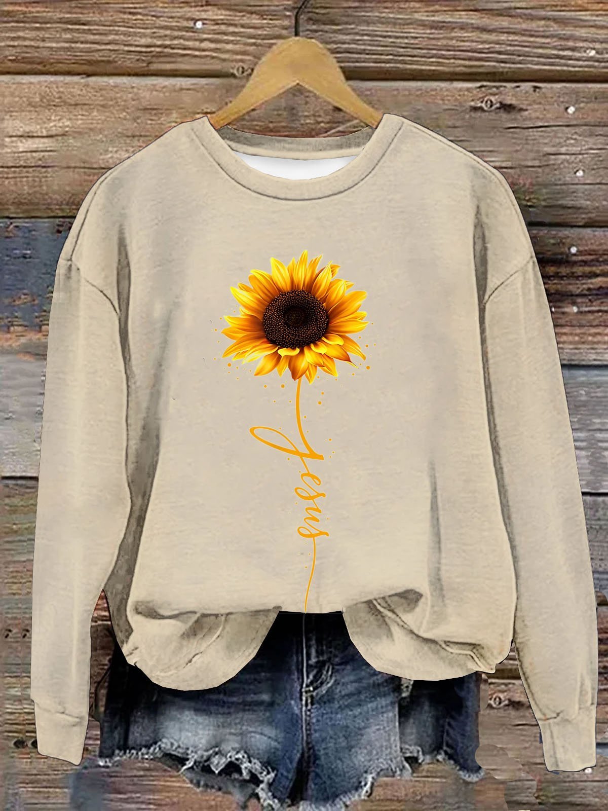 Sonnenblume Print Damen Lässig Langarm Rundhals Pullover Sweatshirt