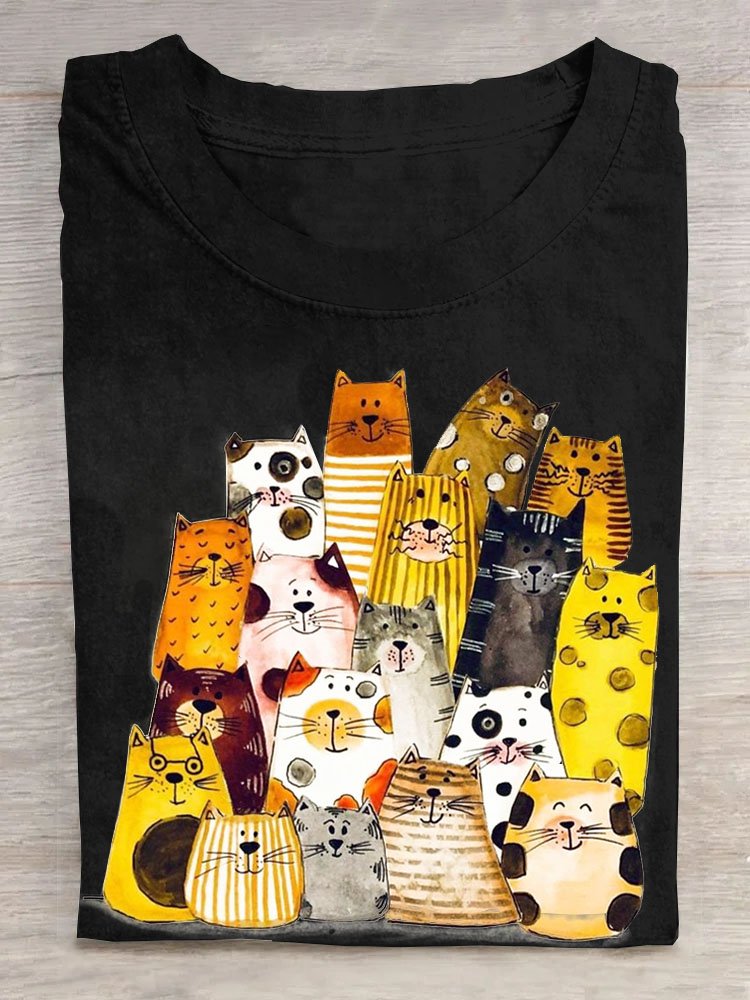 Lustig Katze Print Rundhals Lässig T-Shirt