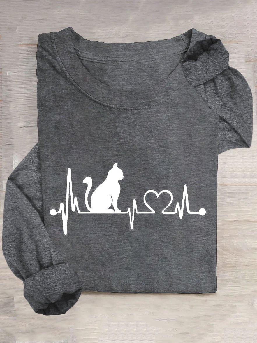 Abstrakt Katze Print Lässig Rundhals Langarm Damen T-Shirt