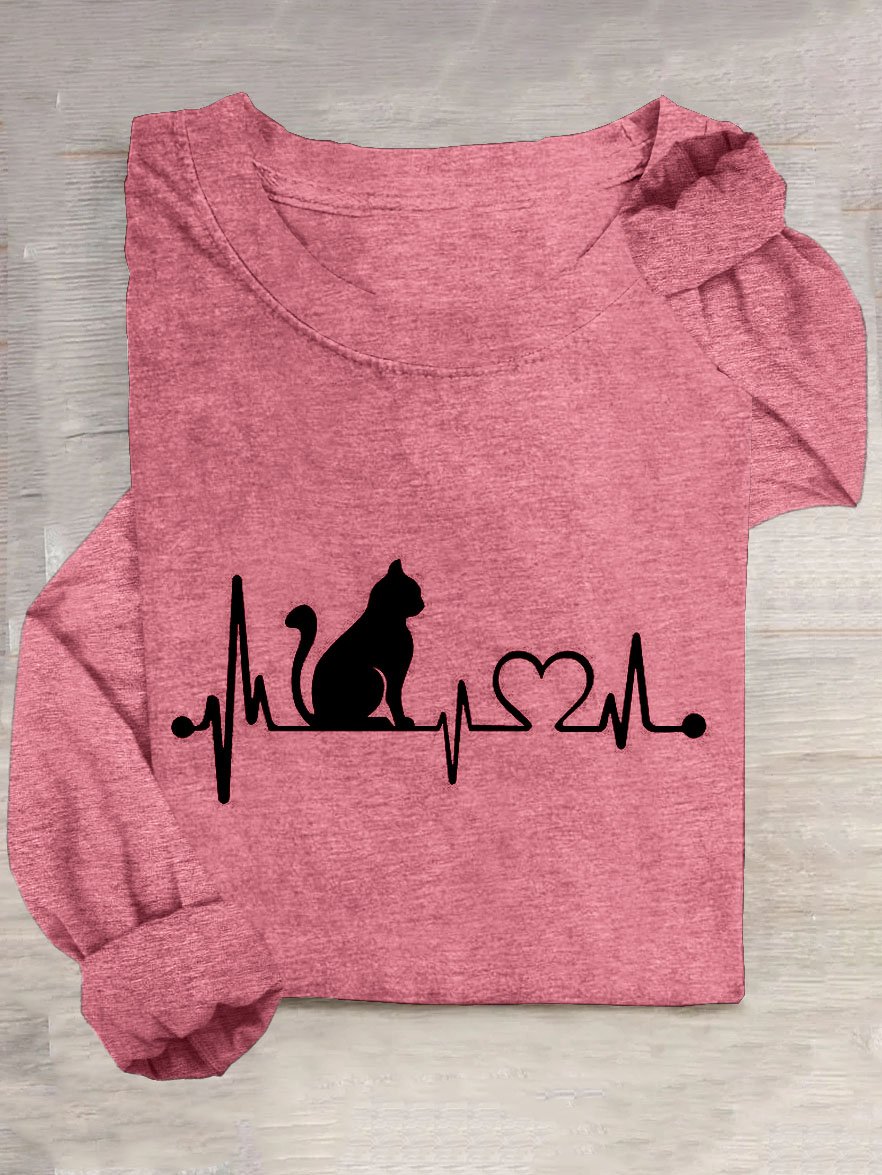 Abstrakt Katze Print Lässig Rundhals Langarm Damen T-Shirt