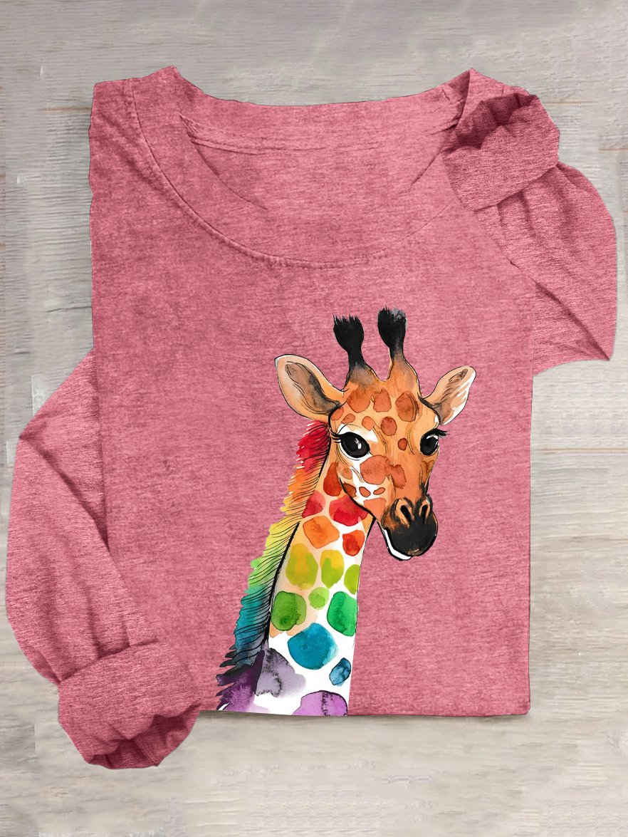 Giraffe Baumwollmischung Weit Rundhals Lässig T-Shirt